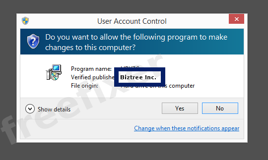 Screenshot where Biztree Inc. appears as the verified publisher in the UAC dialog